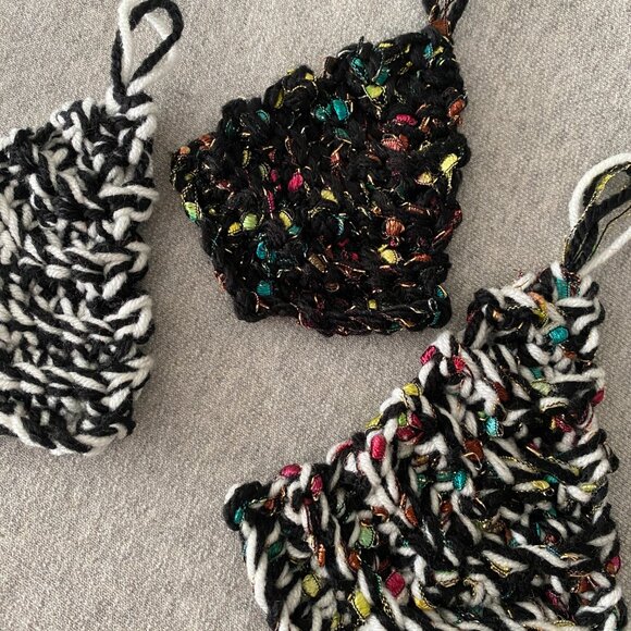 Handmade Crochet Black White Holiday Christmas Tree Hanging Decorations Set of 3 - Picture 5 of 5